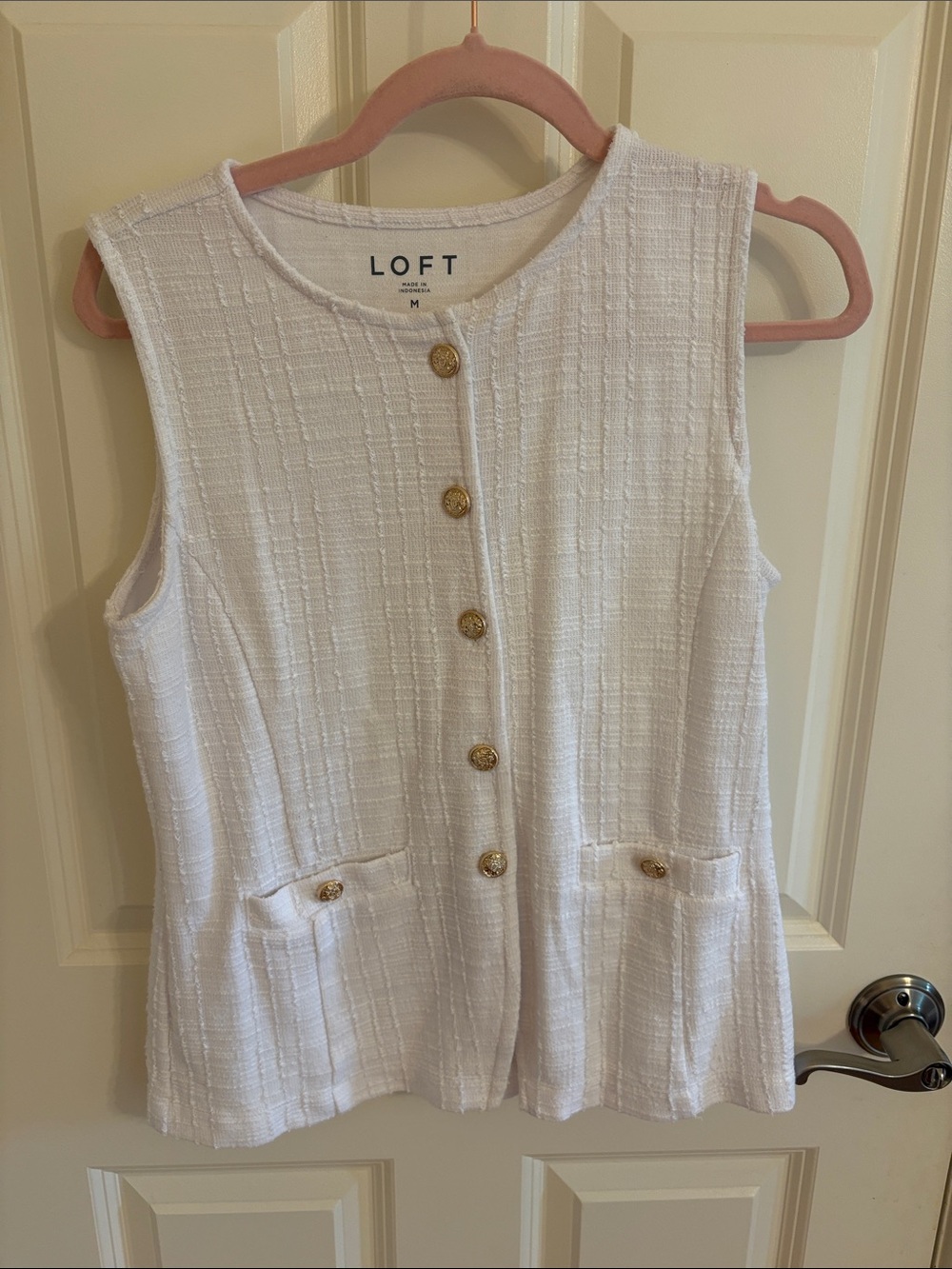 LOFT White Tweed Sleeveless Button-Front Shell with Gold Buttons